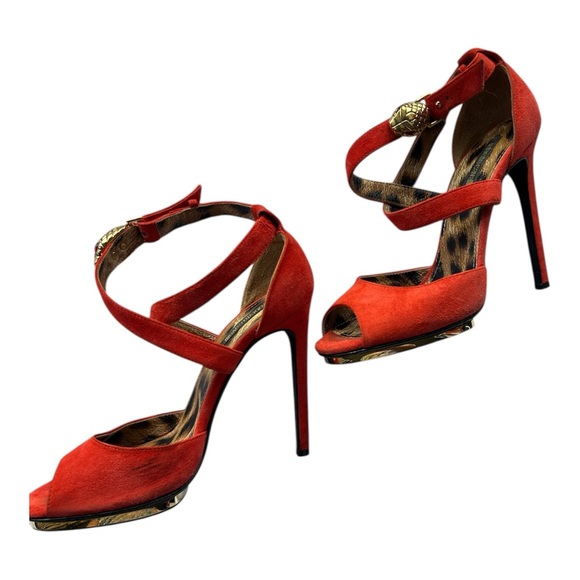 Roberto Cavalli Red/Orange Suede Stiletto Heels Gold Snake Head Italy Size 7 - Picture 3 of 11